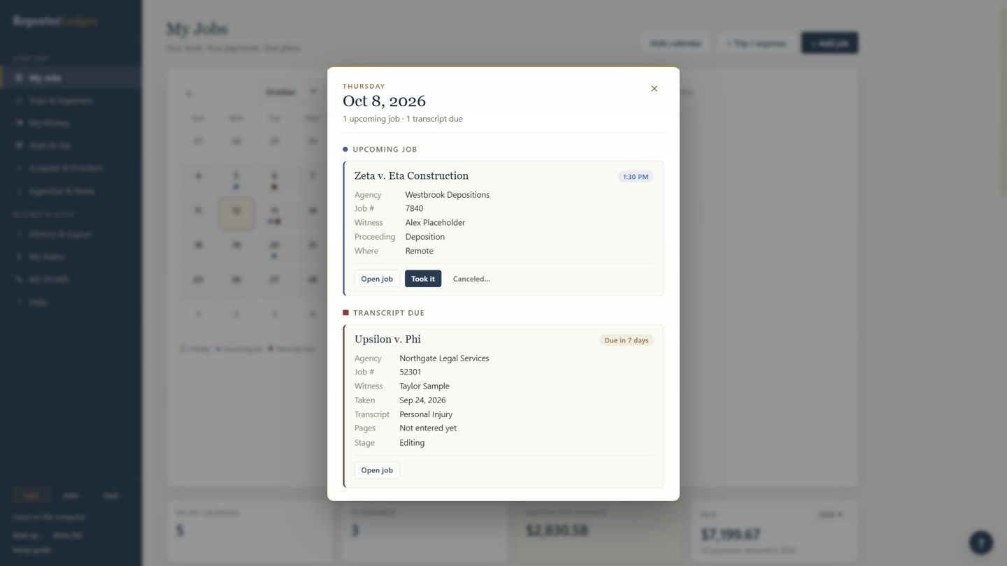 ReporterLedger calendar with a day opened