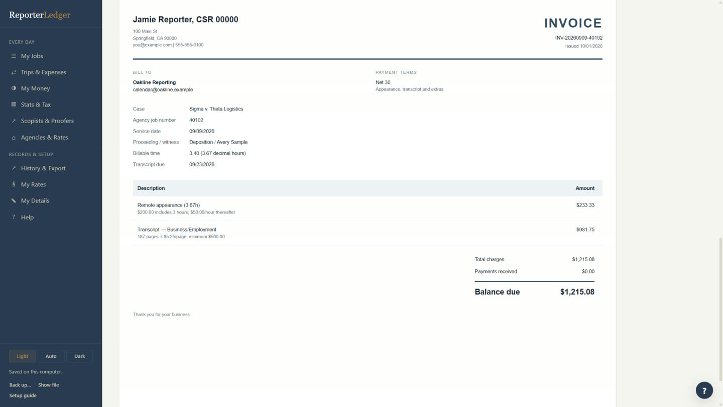 A finished invoice with appearance and transcript charges