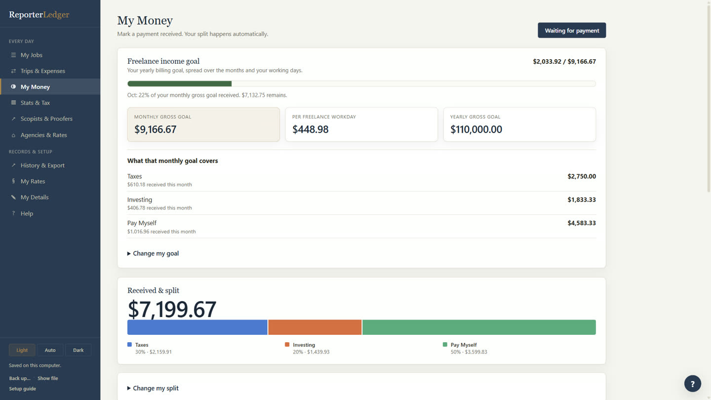 An income goal and a payment split into taxes, investing and pay myself